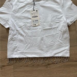 Zara White Short Sleeve Tee with Silver Beaded Fringe